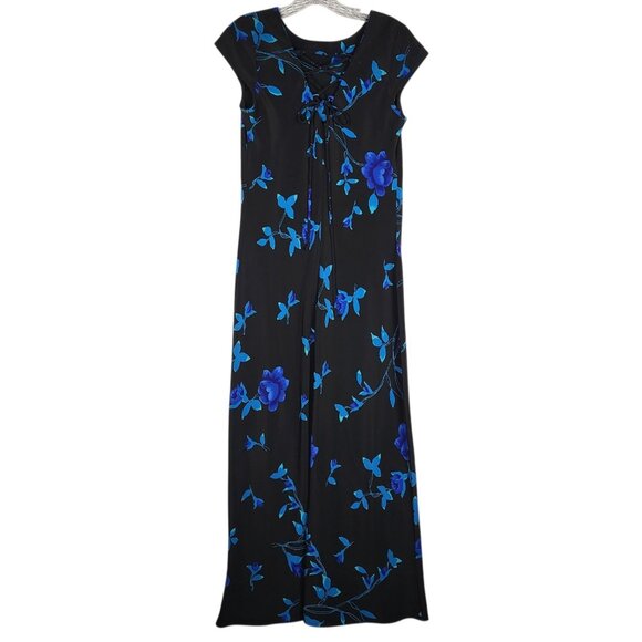 Vintage DBY Dark Floral Dress 7/8 Blue Black Maxi Fairy Whimsigoth Lace Back - Picture 2 of 9